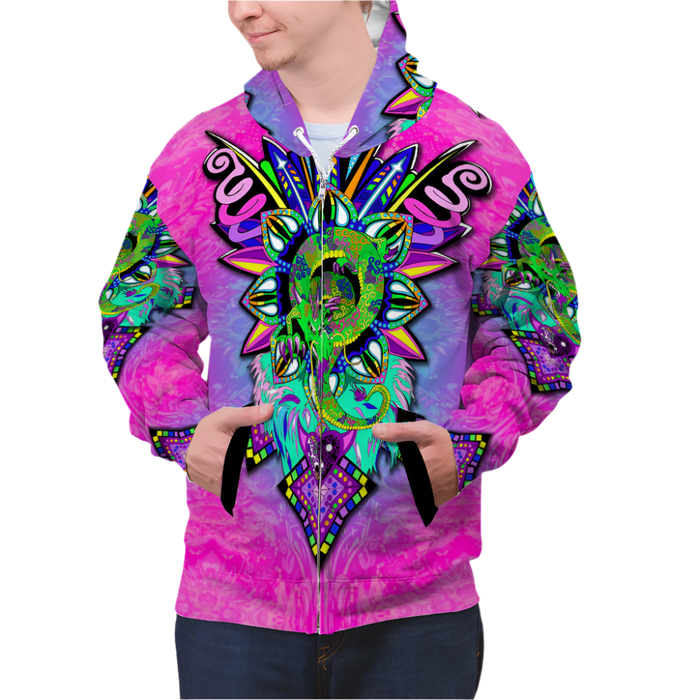Person wearing a colorful, patterned jacket with a vibrant design on a white background