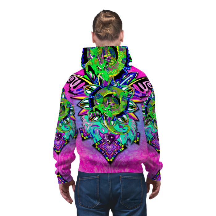 Person wearing a colorful hoodie with a vibrant design on a white background