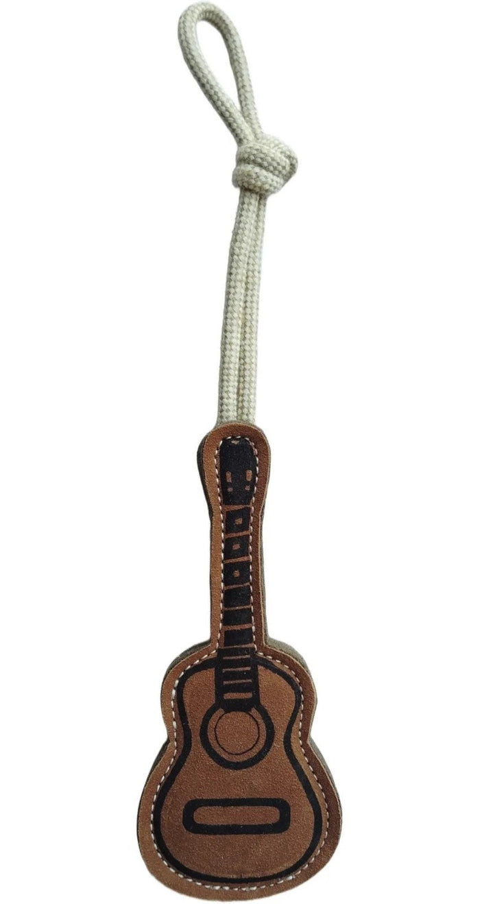 Durable Leather & Wool Dog Toy Guitar with Rope – Tough Chew Toy for All Breeds, Tug of War, Eco-Friendly