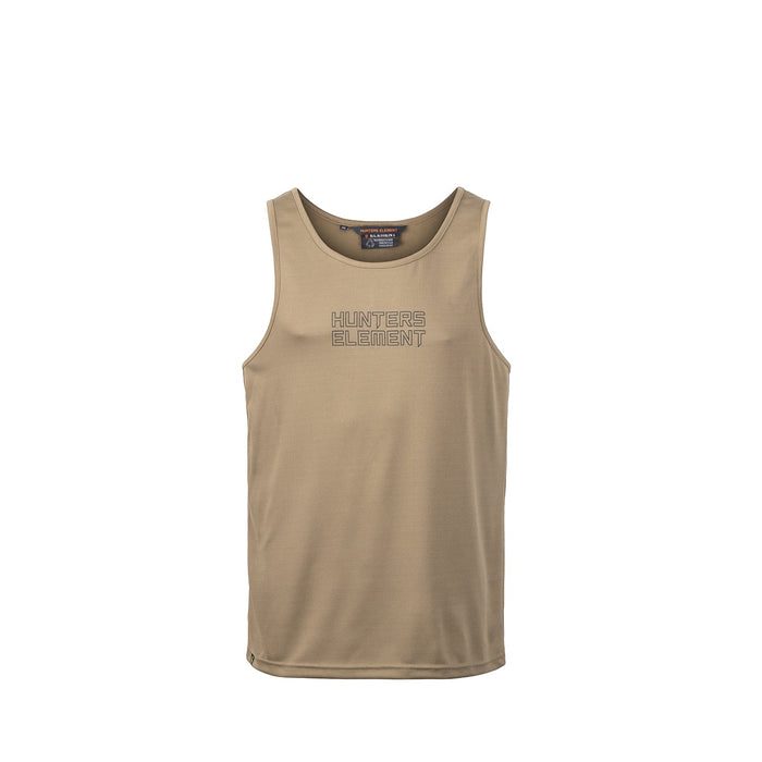 A camouflage singlet designed for outdoor activities, with a brand logo on the chest.