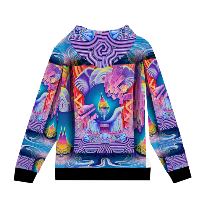 Colorful elephant hoodie with abstract design on a white background