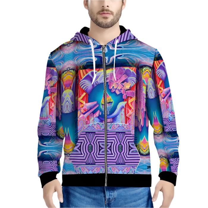 Person wearing a colorful, patterned hoodie with an elephant on it, on a white background