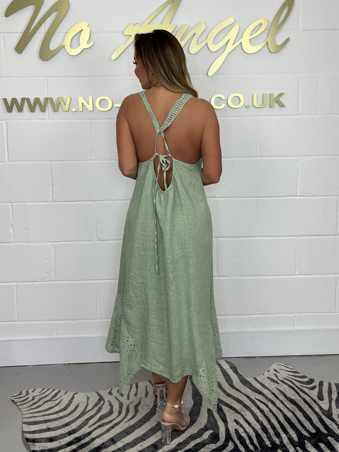 Embroidered Spaghetti Strap Anglaise Bottom Linen Dress ( 3 colours )