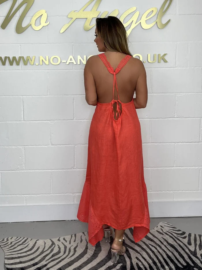 Embroidered Spaghetti Strap Anglaise Bottom Linen Dress ( 3 colours )
