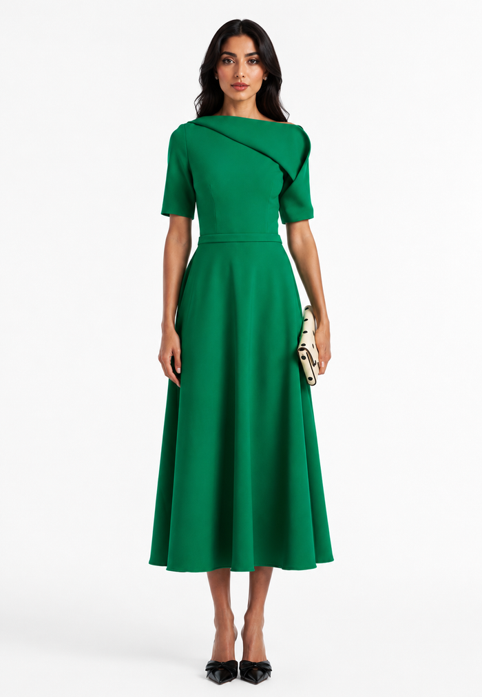 Emerald Asymmetric Neck Midi Dress - Verona