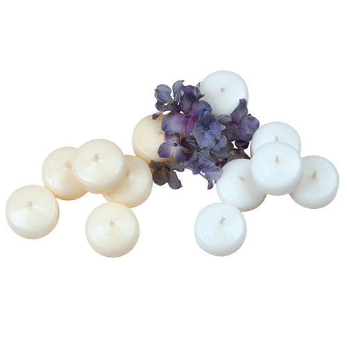 The small  Floating Candles shown in ivory and white, flowers not included.