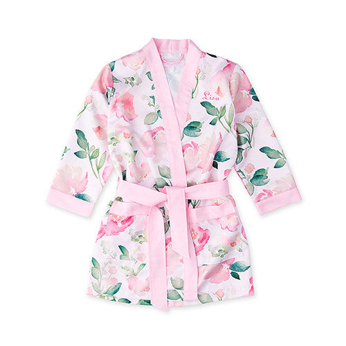Little Girl Silky Kimono Robe - Pink Floral with Pink Trim