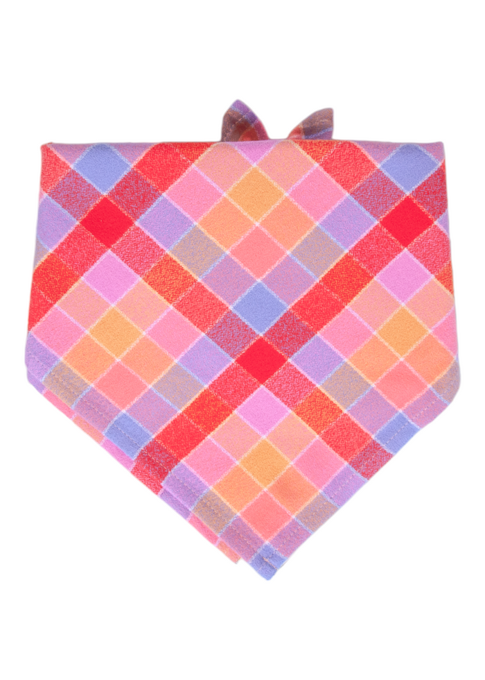 Dog bandana in a cozy flannel fabric with a multicolor plaid print perfect for fall. The bandana is folded at the top, forming subtle fabric tips that peek out at the back.