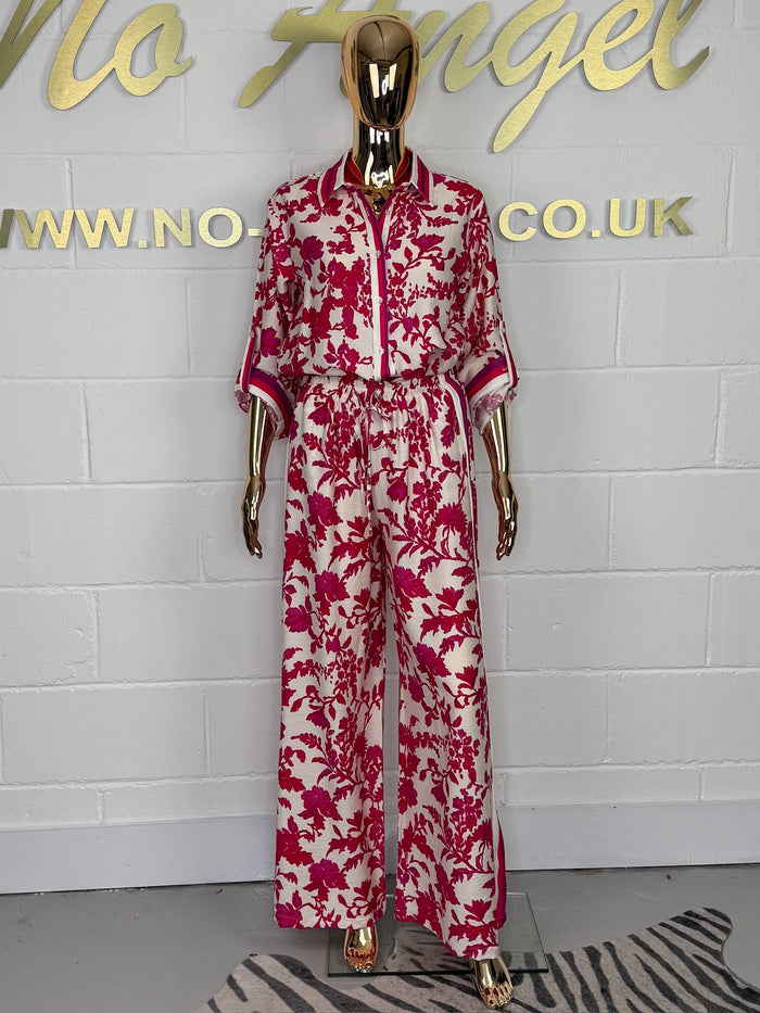 Fuchsia & Cream Flower Print Button Up Shirt Co-Ord