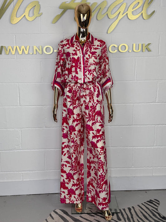 Fuchsia & Cream Flower Print Button Up Shirt Co-Ord