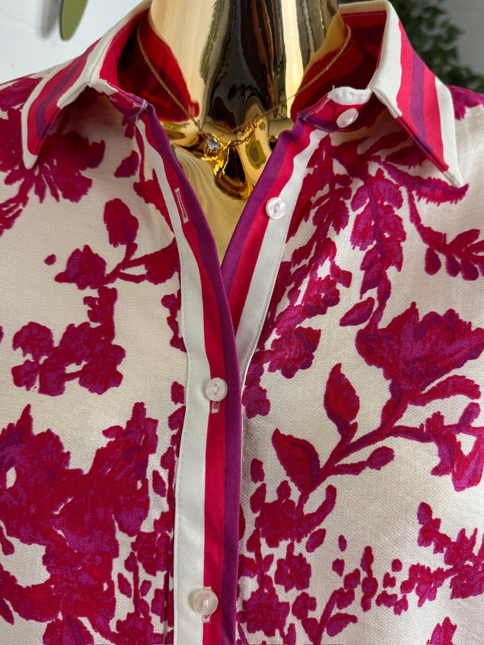 Fuchsia & Cream Flower Print Button Up Shirt Co-Ord