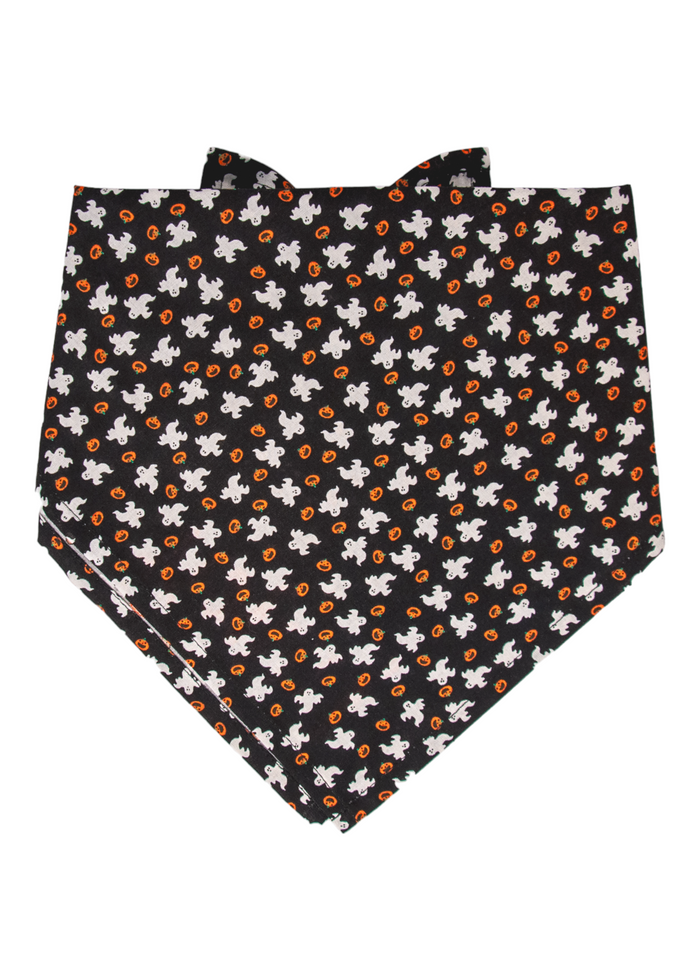 Black Halloween dog bandana decorated with ghost figures and tiny pumpkins. Its lightweight, easy-tie design makes it perfect for holiday parties, costumes, and capturing adorable seasonal photos.