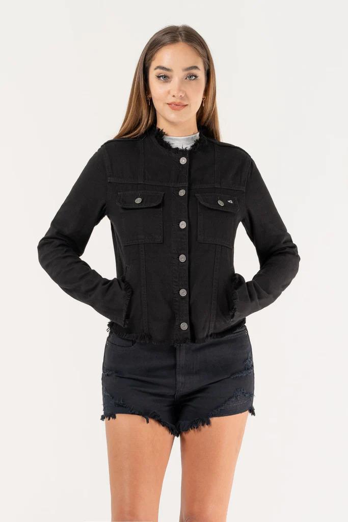 Hidden Collarless Jacket black with closed buttons