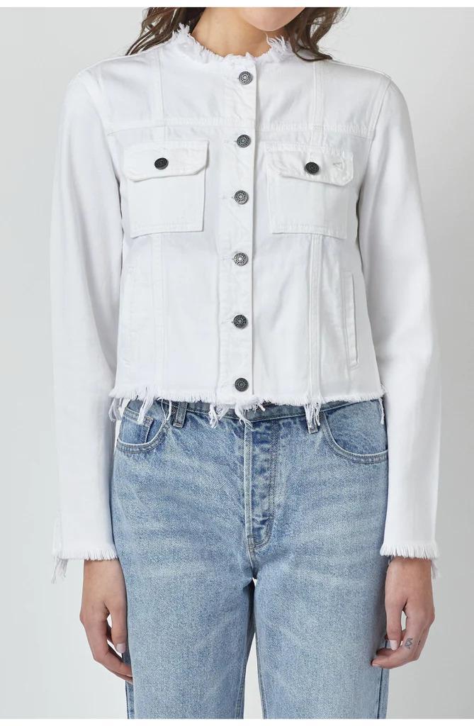 Hidden Collarless Jacket white closed buttons