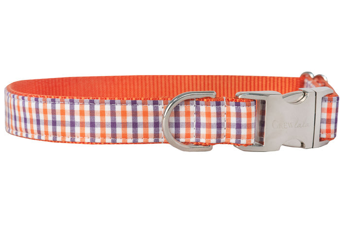 Brighten up your pup’s wardrobe with this preppy plaid dog collar! With vivid orange checkered fabric, polished hardware, and sturdy stitching, it’s a standout piece for everyday adventures.