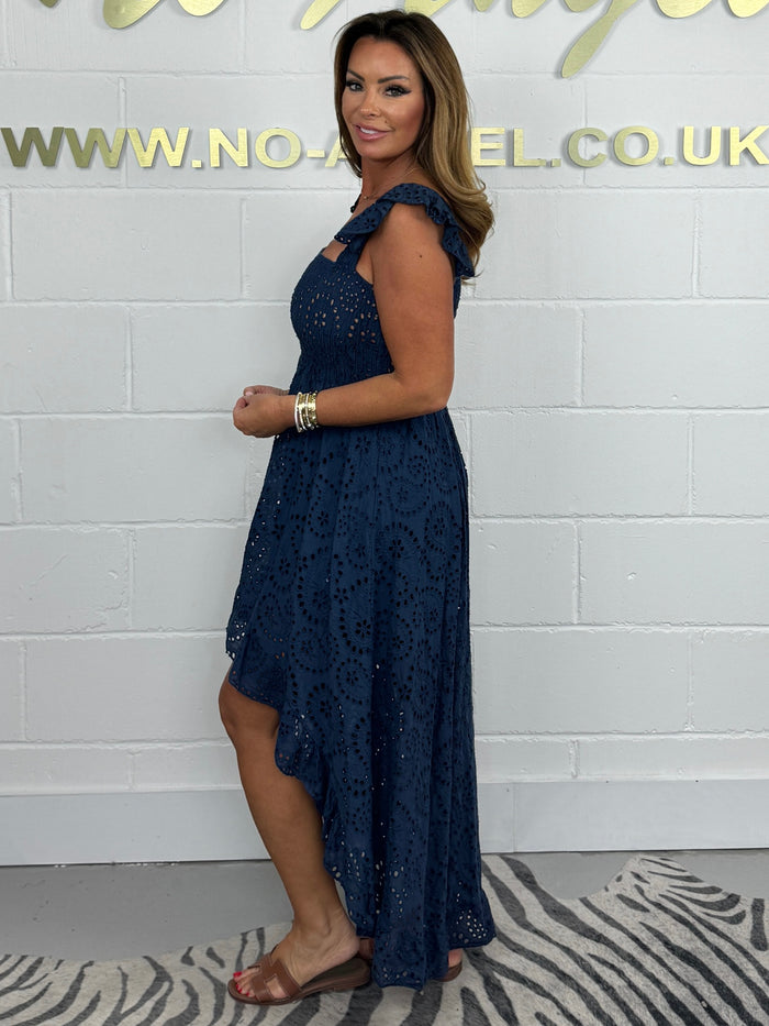 Laser Cut Frill Sleeve High Low Dress ( 4 Colours )