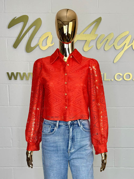 Laser Cut Sheer Sleeve Button Up Shirt (2 Colours)