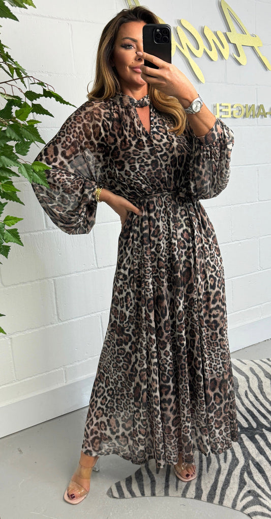 Leopard Puff Sleeve Mesh Belted Dress