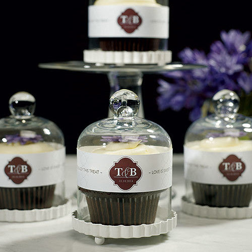 Miniature Bell Jar with White Fluted Base Wedding Favor with Cupcakes Inside