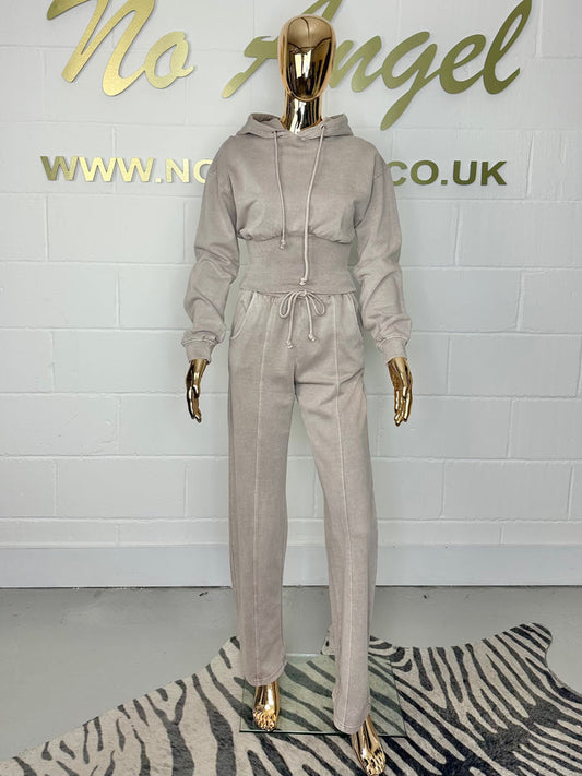Mink Acid Wash Long Sleeve Fitted Hem Hooded Straight Leg Tracksuit