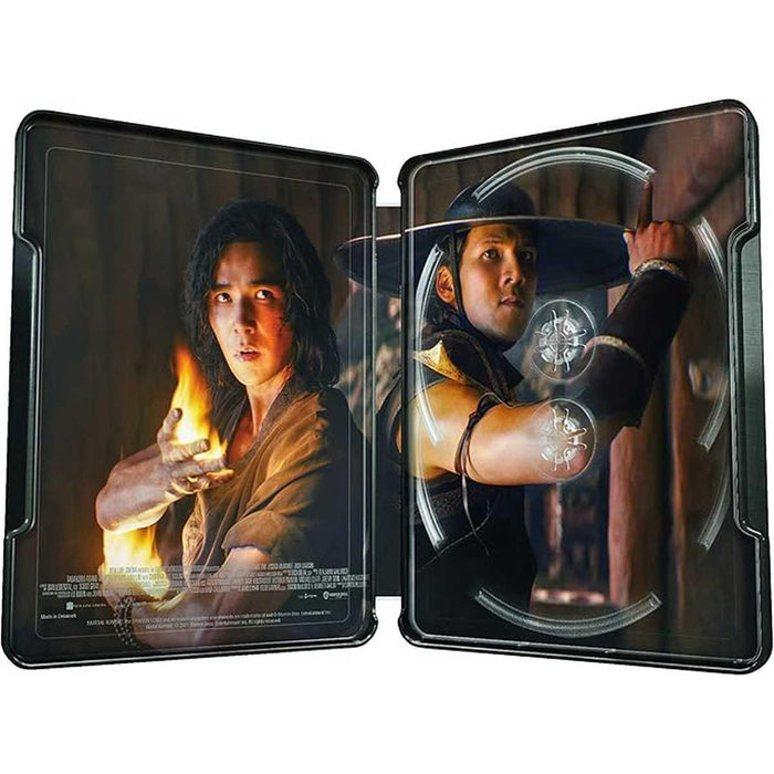 Boîtier SteelBook ouvert de l'édition blu-ray Mortal Kombat 4K Ultra HD, avec illustrations des personnages emblématiques en pleine action. Idéal pour les fans de films d'action et de collection blu-ray premium.