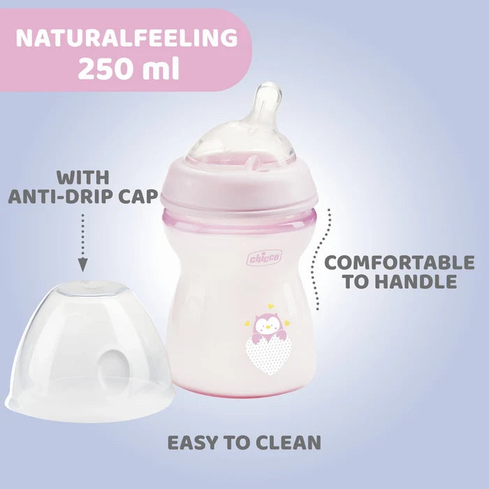 Natural Feeling Medium Flow Baby Bottle 2M+ 250ML Pink