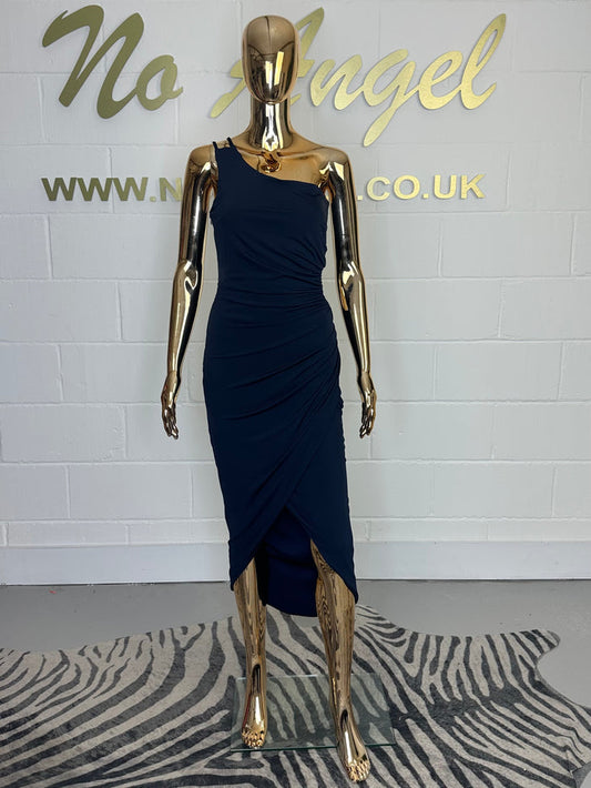 Navy One Shoulder Ruched Midi Dress