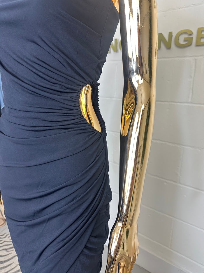 Navy One Shoulder Ruched Midi Dress