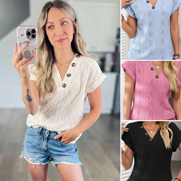 Olivia Openwork V-Neck Short Sleeve Button Top