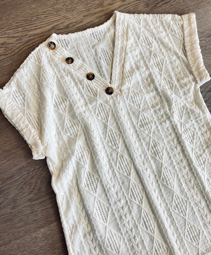 Olivia Openwork V-Neck Short Sleeve Button Top