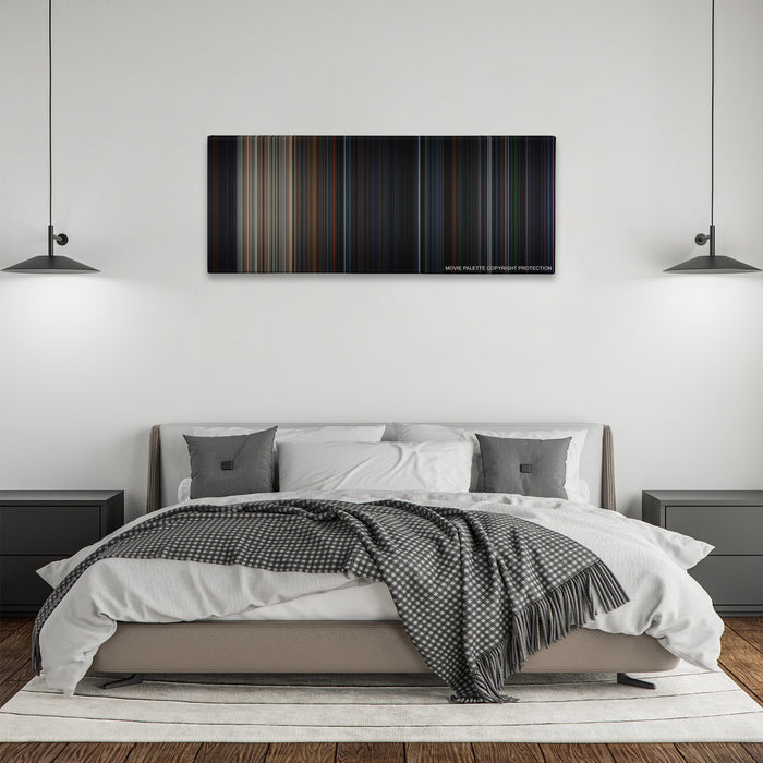 Olympus Has Fallen color palette canvas above a bed, between two black pendant lamps