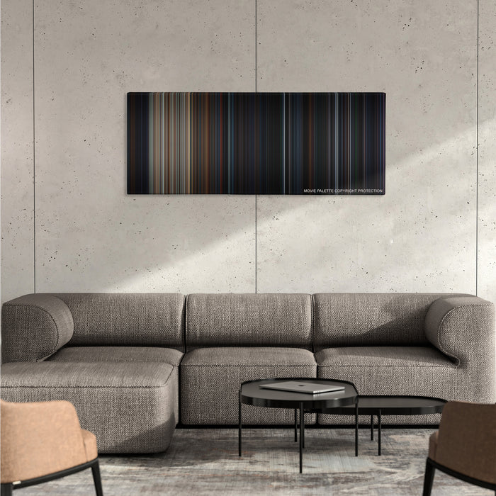 Olympus Has Fallen color palette canvas on a concrete wall above a gray sectional sofa
