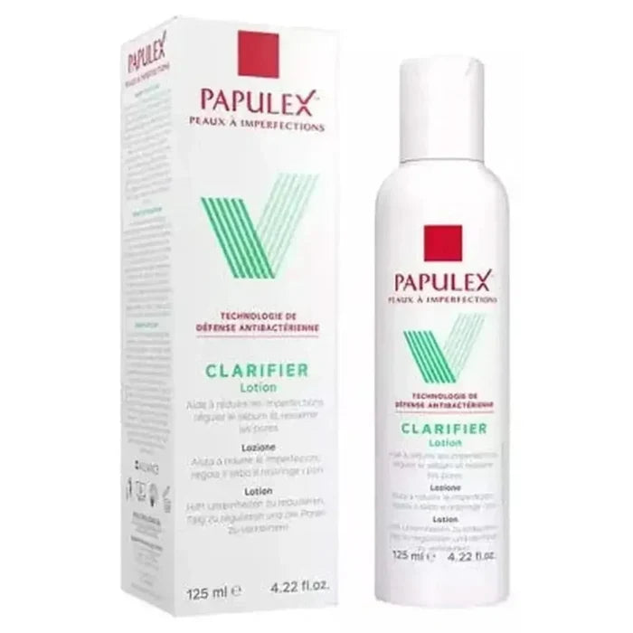 Papulex lotion clarifier acné 125 ml avec boîte, soin purifiant pour peaux à imperfections, réduit les pores et régule le sébum.