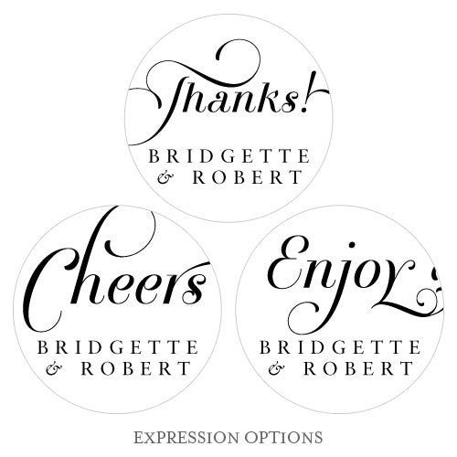 The different "sayings" available for the Wedding Favor Personalized Sticker - Round.