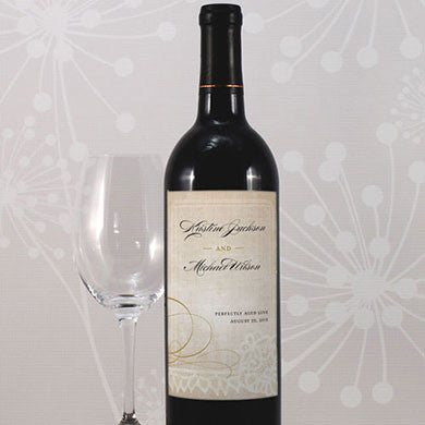 Vintage Lace Wine Bottle Label for weddings and parties.