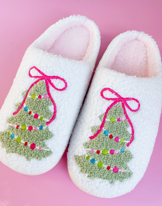 Pink Bow Christmas Tree Slippers