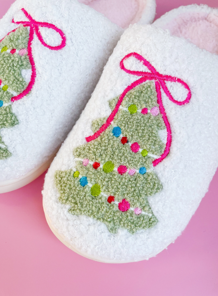Pink Bow Christmas Tree Slippers