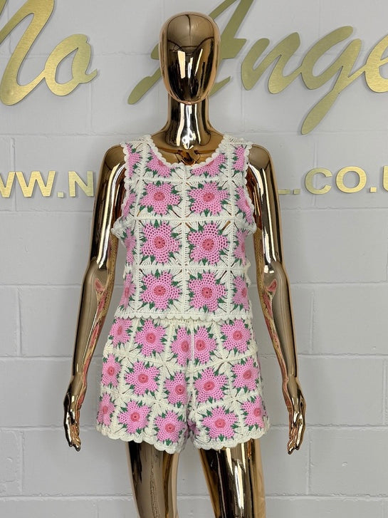 Pink Crochet Flower Print Short & Top Co-ord