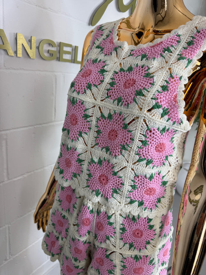 Pink Crochet Flower Print Short & Top Co-ord