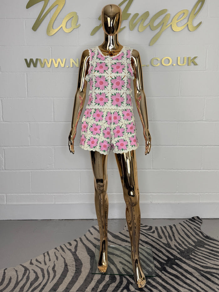 Pink Crochet Flower Print Short & Top Co-ord
