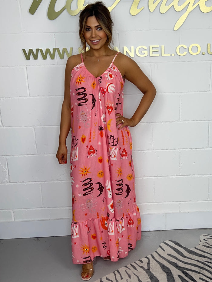 Pink Printed Linen Mix Spaghetti Strap Maxi Dress