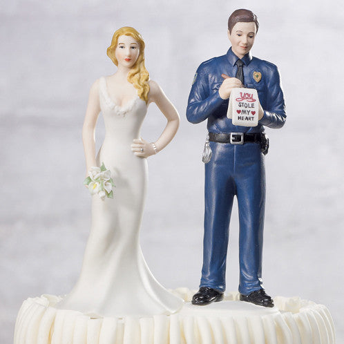 Wedding Cake Top - “A Love Citation” Policeman Groom Figurine giving the bride a Love Ticket.