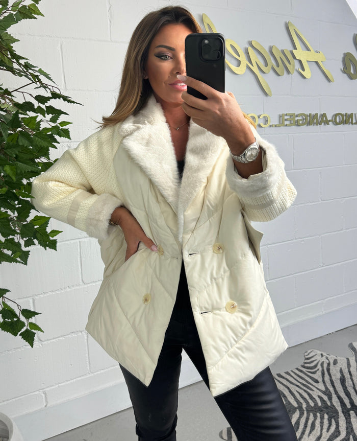 Quilted / Knit Faux Fur Collar Zip Pocket Jacket