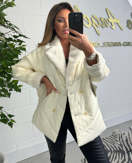 Quilted / Knit Faux Fur Collar Zip Pocket Jacket