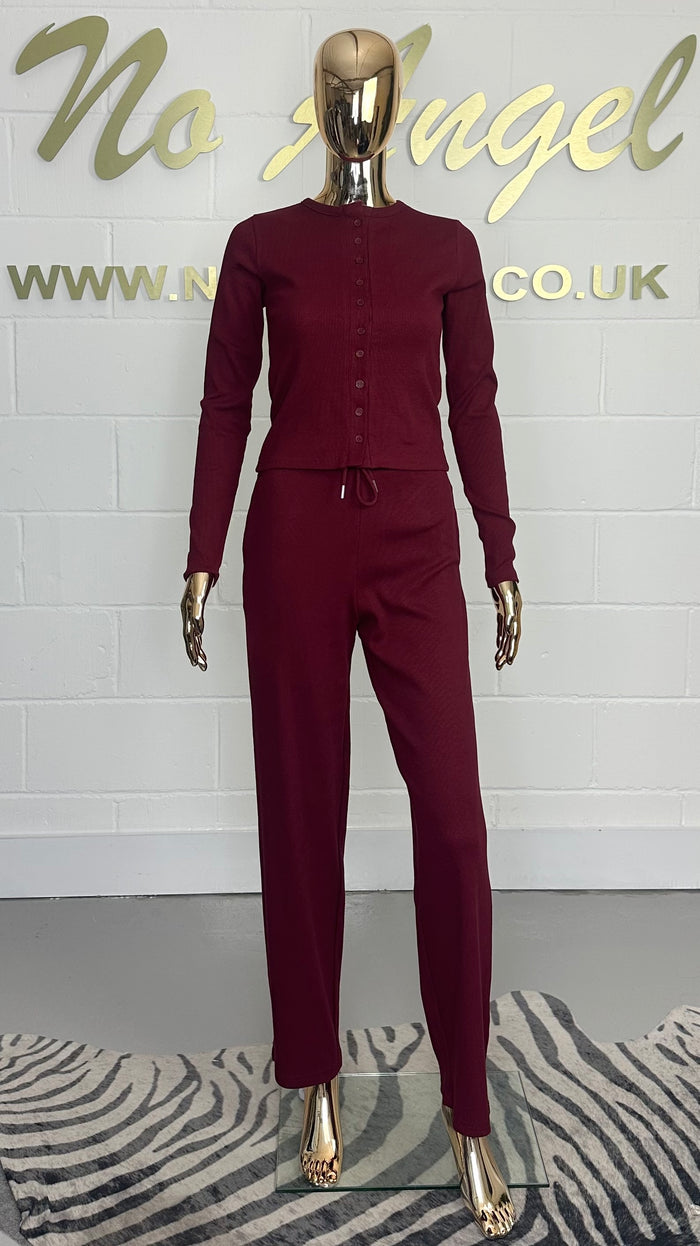 Ribbed Button Up Top & Drawstring Wide Leg Trouser Co-Ord (2 Colours)