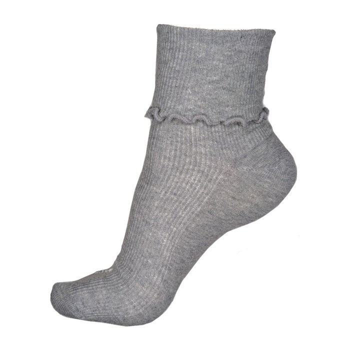 Ribbed Cotton Ruffle Crew Socks, gray