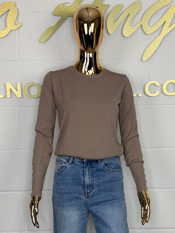 Ribbed Round Neck Pearl button Sleeve Jumper (4 Colours)