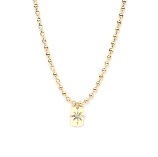 Short Gold Ball Chain Necklace With Tag Pendant & Diamante Star 4630
