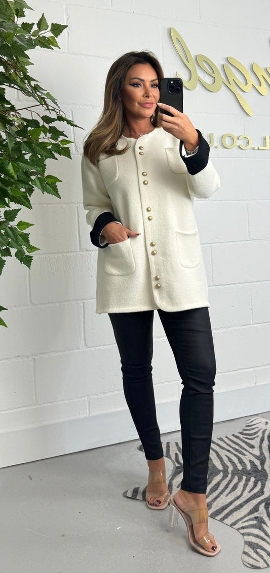 Soft Knit Double Gold Button Contrast Cuff Cardigan (2 Colours)