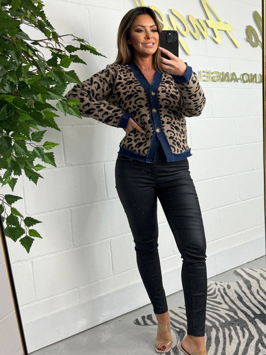 Soft Knit Leopard Print Button Up Cardigan With Denim Detail Trim